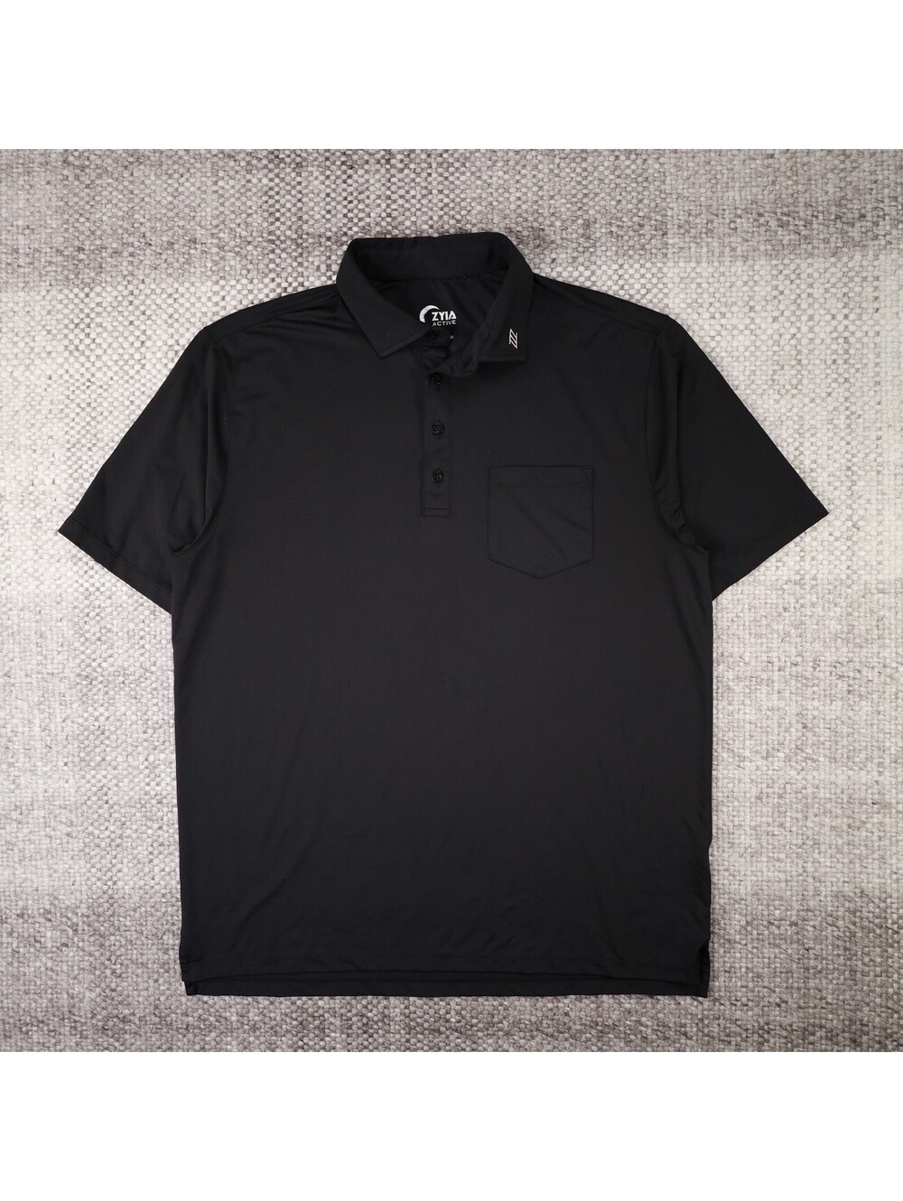 Zyia Active Mens Large Polo Shirt Black Tech Stretch Pocket Golf Tennis Athletic